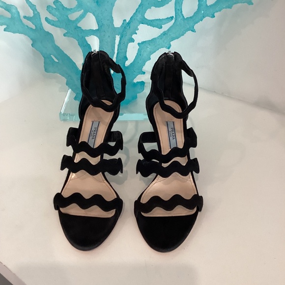 Prada Black Suede Scalloped Straps Heel Sandal MSRP: $1140 Size 36.5 - Picture 15 of 16